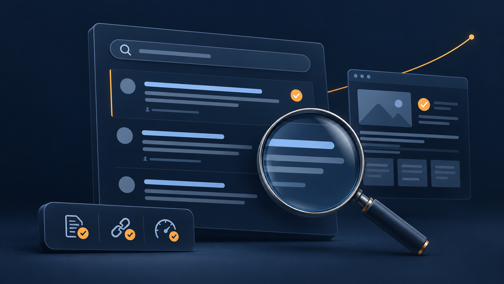 Search results and a magnifying glass illustrating search engine optimisation