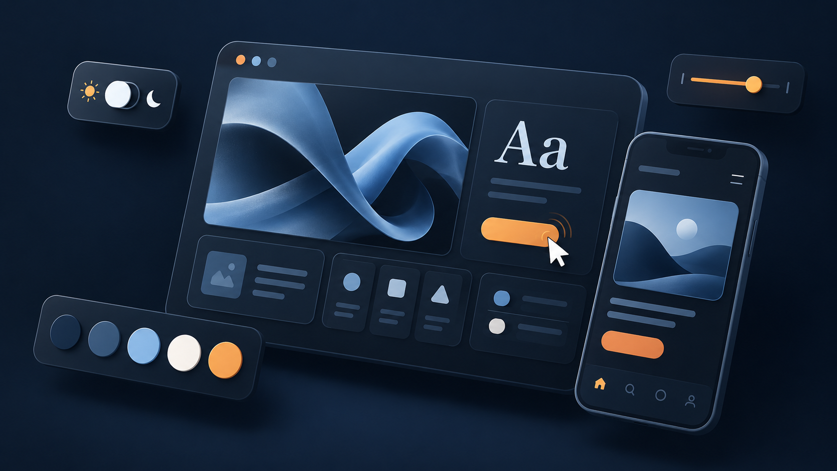 Desktop and mobile interface design with typography and colour controls