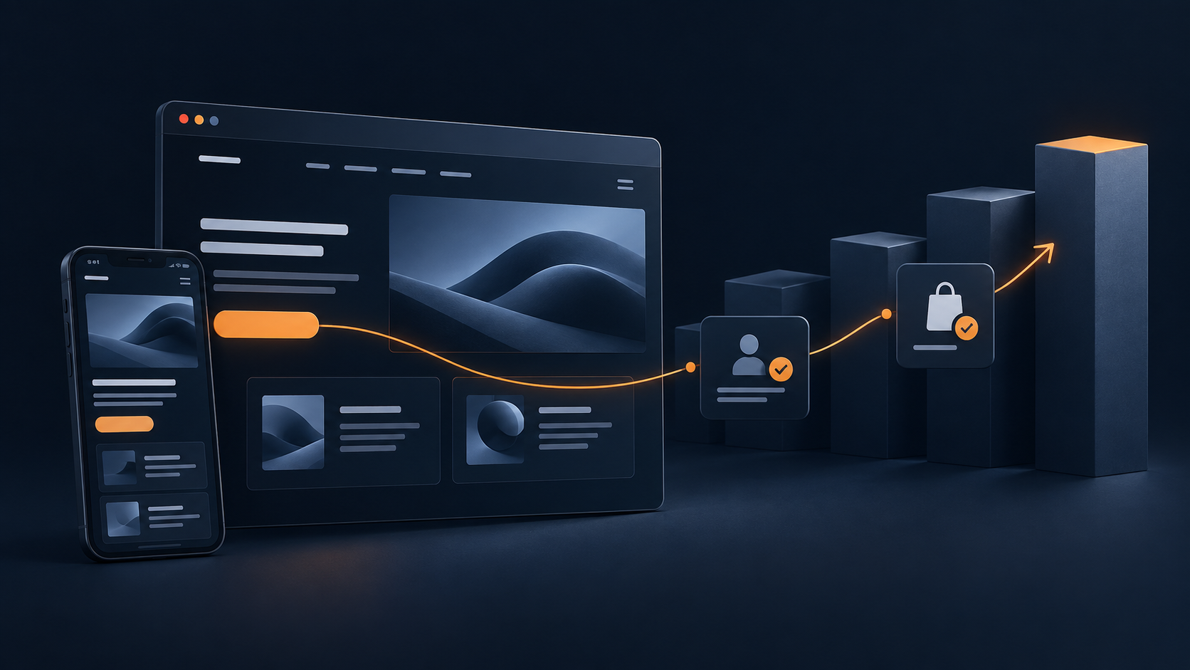 Website and mobile storefront connected to a business growth chart