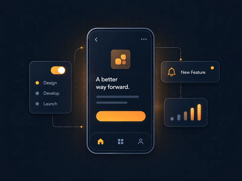 Mobile app interface with design, development and launch stages, notifications and analytics