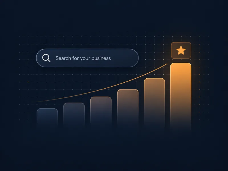 Business search bar above a rising bar chart illustrating search visibility and growth