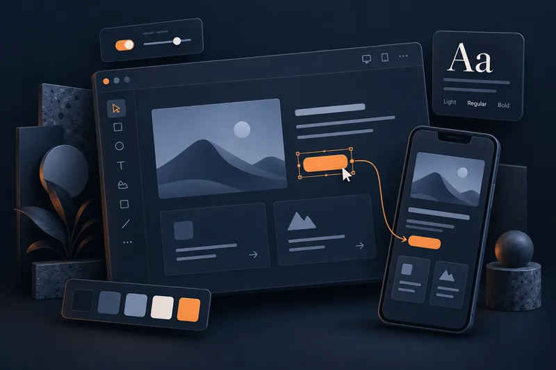 Desktop and mobile UI prototypes with typography, colour swatches and interactive controls