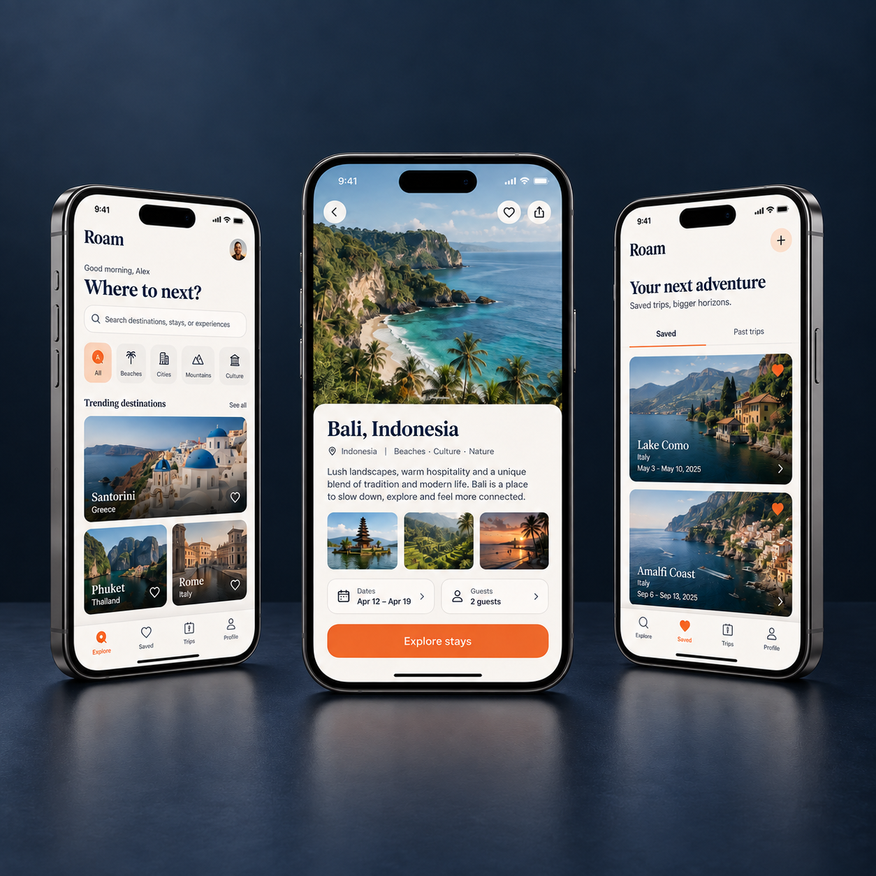 Travel mobile app displaying destination discovery, trip details and saved trips